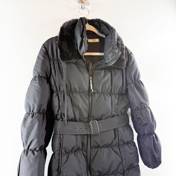 Prada Down Fur Trim Parka Puffer Coat Jacket Belted Black 42 / 12 - Picture 8 of 8